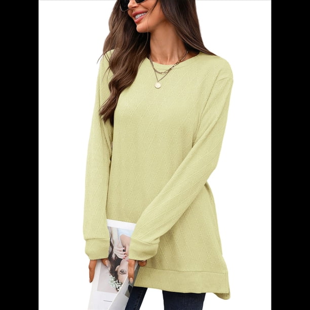 Camiseta Holgada de Larga con Cuello Redondo y Estampado Geométrico de Jacquard para Mujer, Ropa de Invierno 2025 Amarillo XXL