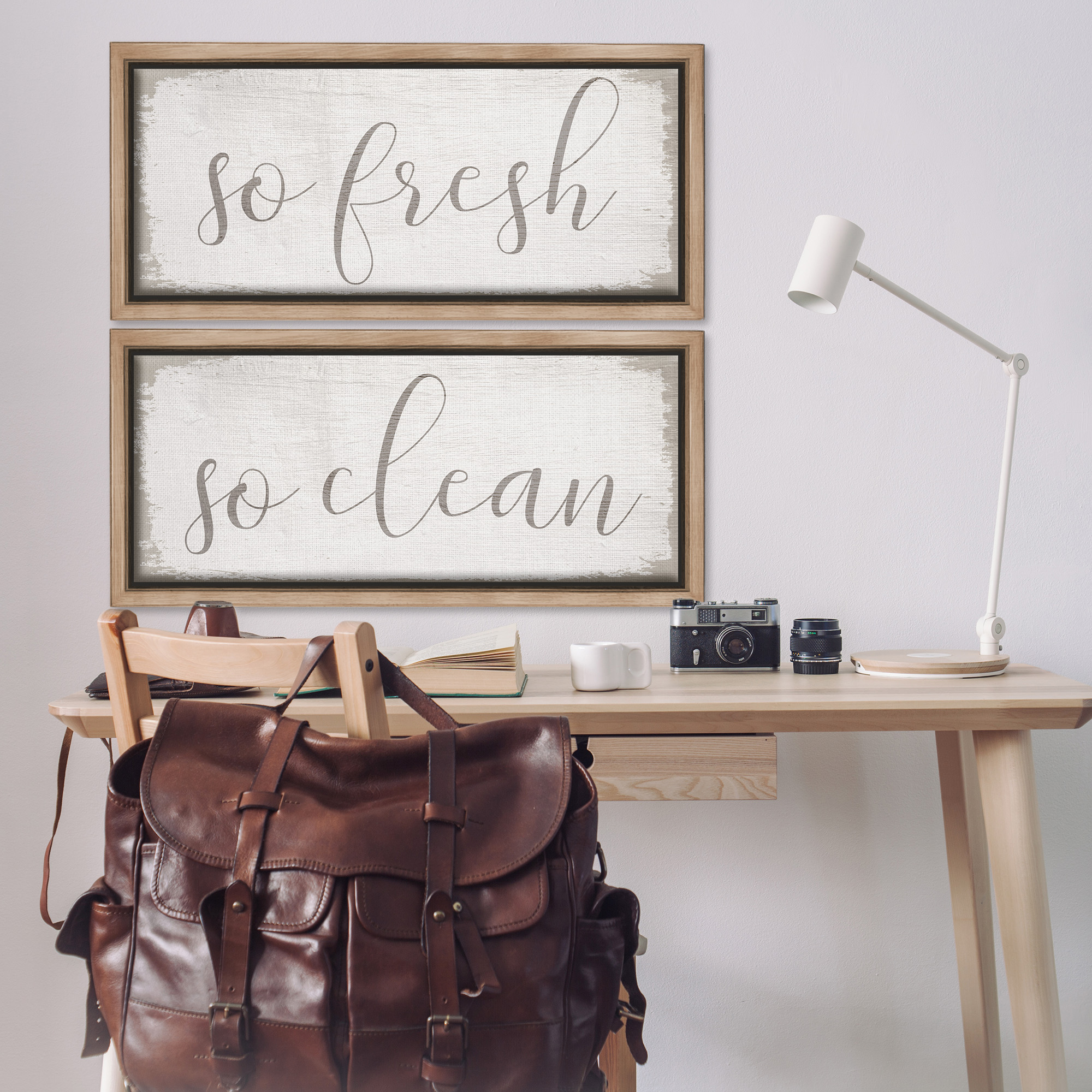 Stupell Industries Rustic White So Fresh So Clean Typography Painting Brown Floater Framed Canvas Art Print Wall Art, 25 x 11, Set of 2