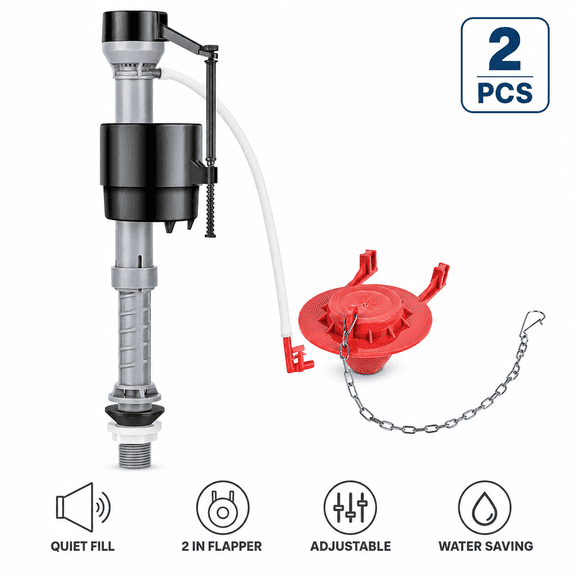 Universal Toilet Repair Kit Adjustable Quiet Fill Valve with 2 Inch Red Flapper for Inside Toilet Tank Water Saving