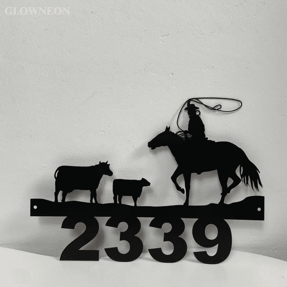 Glowneon Custom Cowboy Metal Address Sign, Cowboy House Number Decor