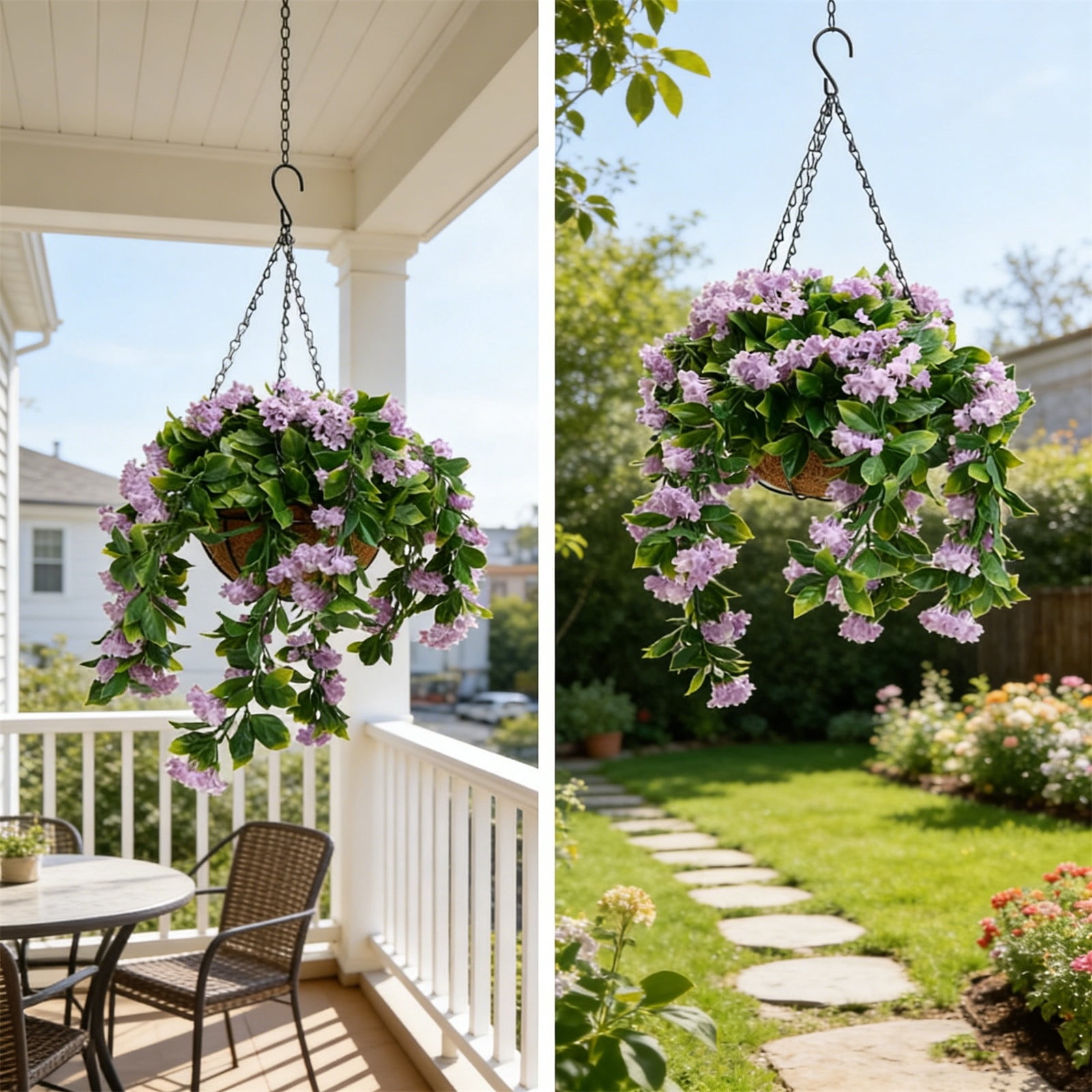 Oefntac Artificial Flower 15 Faux Crepe Myrtle Hanging Baskets Set of 2 Artificial Fake Hanging Plants Flowers Basket for Spring Summer Outside Decoration