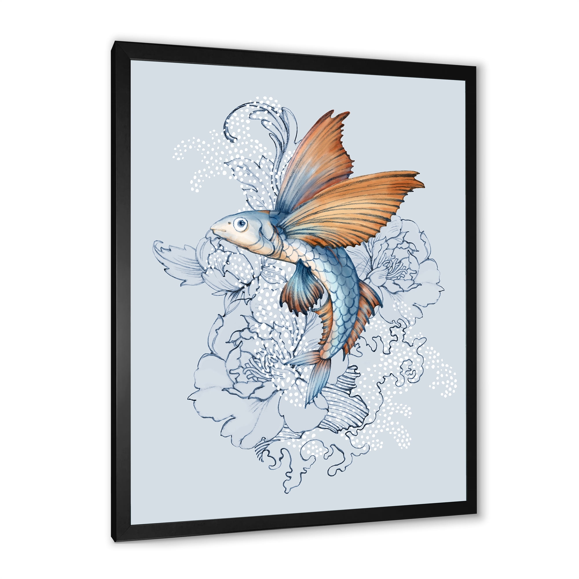 Designart 'Flying Fish and Peonies' Traditional Framed Art Print