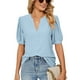 thumbnail image 1 of Camiseta de manga corta con cuello en V para mujer, blusa informal de color puro, color azul claro XL, 1 of 5