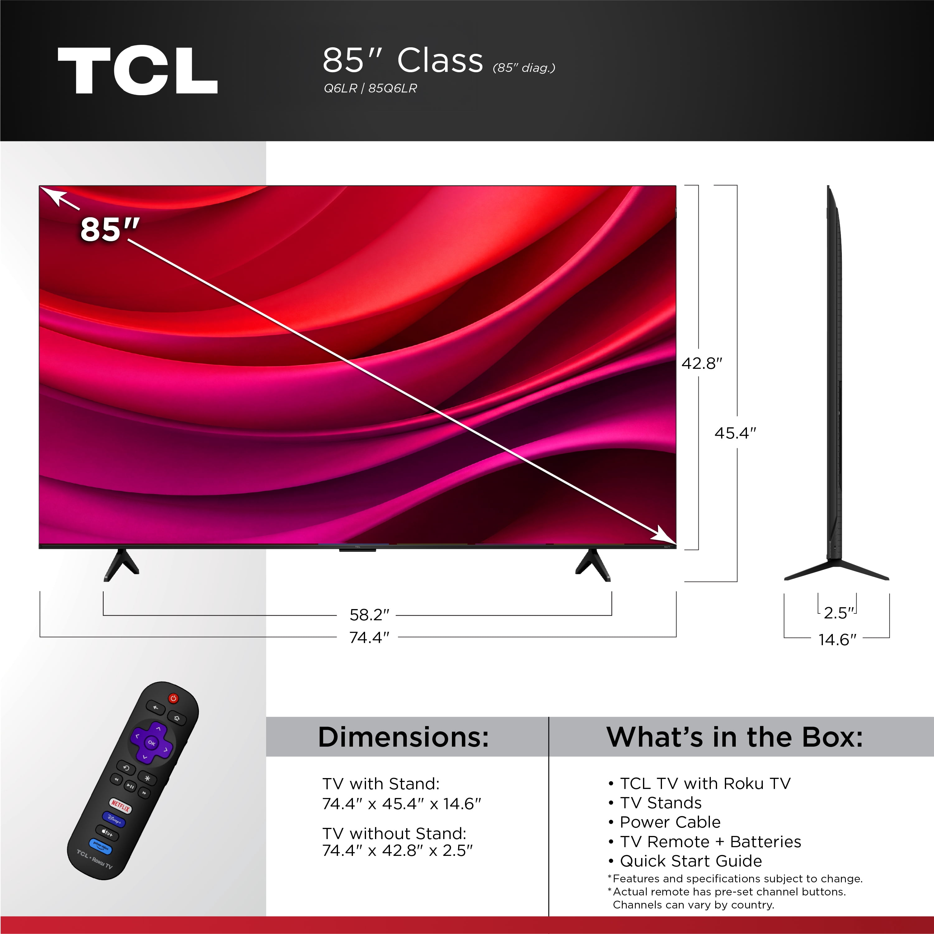 TCL 85” Class Q6LR Series QLED 4K HDR Smart Roku TV (New 2026) - High Brightness+ LED Backlight, Game Accelerator 120, Motion Rate 240 with MEMC, Voice Remote Control - 85Q6LR