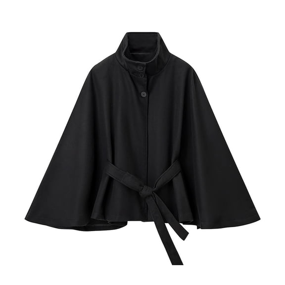 Quixlent Women's Batwing Sleeve Wool Poncho Coat Stand Collar Cropped Cape Jacket with Belt Fall Winter Short Trench Pea Coat