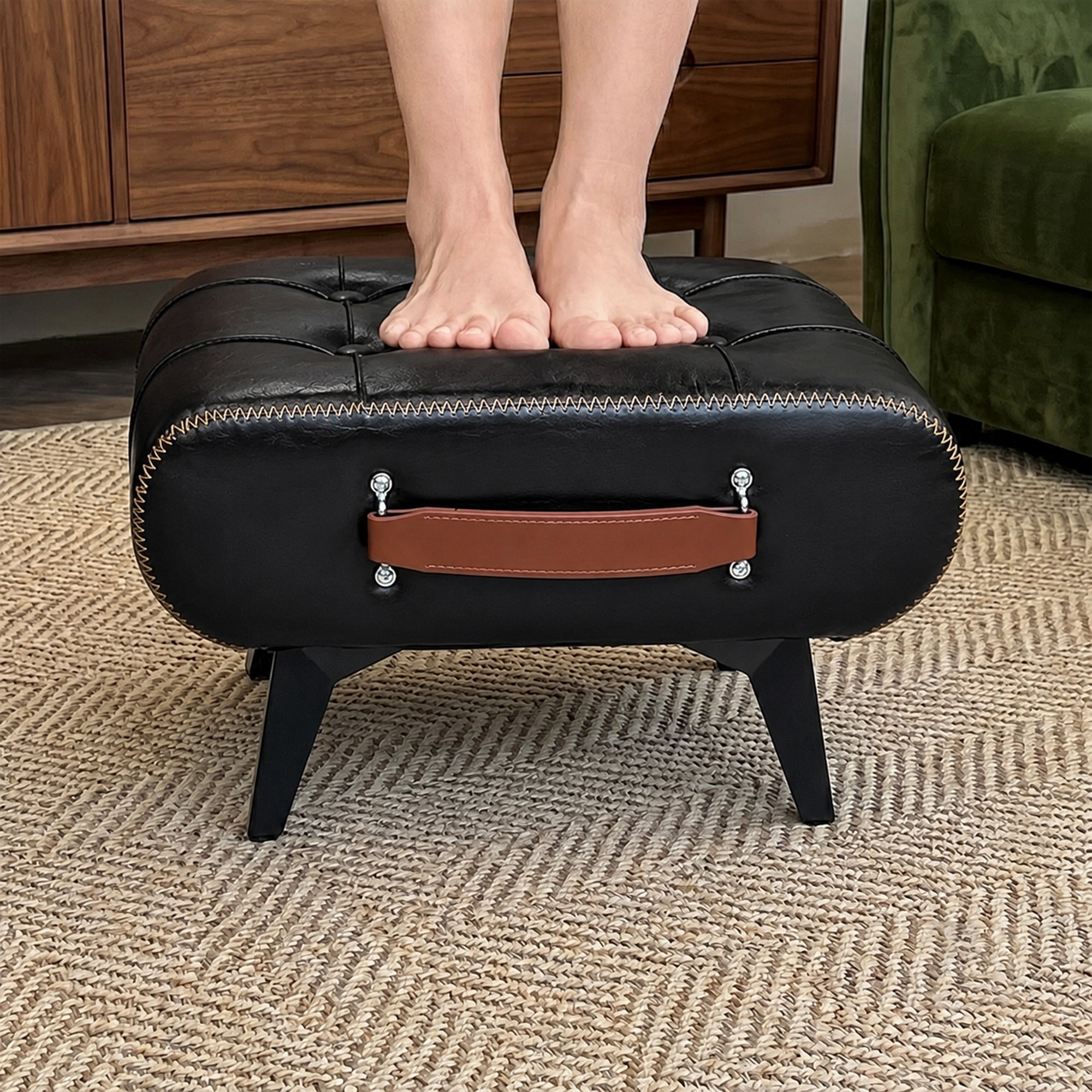 Compact Rectangular Storage Ottoman with Faux Leather Tufted Button Stitching, Hidden Zipper Compartment, Portable Side Handle, Foot Rest Shoe Stool Side Table for Living Room Entryway Bedroom