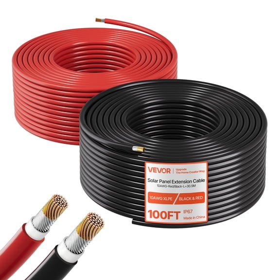 VEVOR Solar Panel Wire, 100 ft Black   100 ft Red Kit, 10 AWG (6 mm²) Solar Panel Extension Cable,PV Tinned Copper Wire, for Outdoor Home Off-Grid Photovoltaic Systems Automotive RV Boat Marine, IP67
