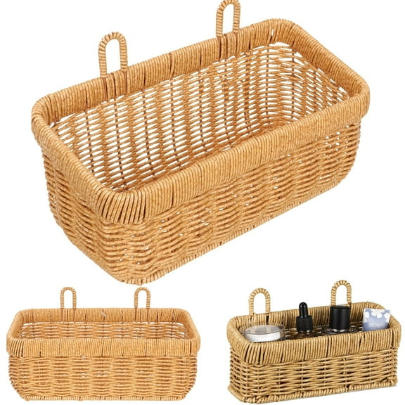 Handwoven Rattan Hanging Basket, Tutuviw 8.5"x3.3" Wicker Wall Mounted Basket for Organizer,Decorative Wall Mount Storage Basket for Potato, Onion, Fruits (Light Brown, Imitation Rattan)
