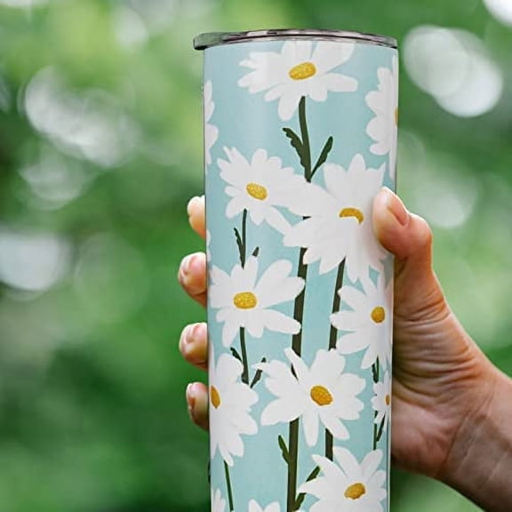 DaisyTumbler 20 oz Travel Coffee Mug Daisy Skinny Tumblers with Lid and Straw Stainless Steel Insulated Coffee Cups Gift for Daisy lover