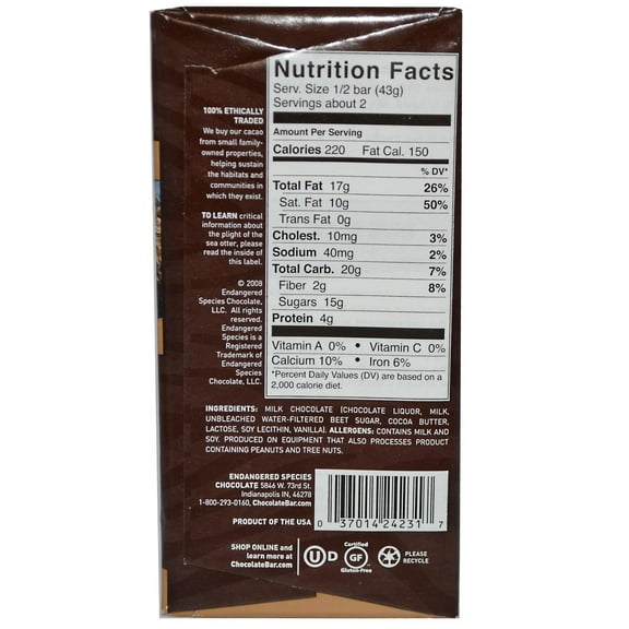 Endangered Species Chocolate Smooth Milk Chocolate Bar, 3 Ounce -- 12 per case.