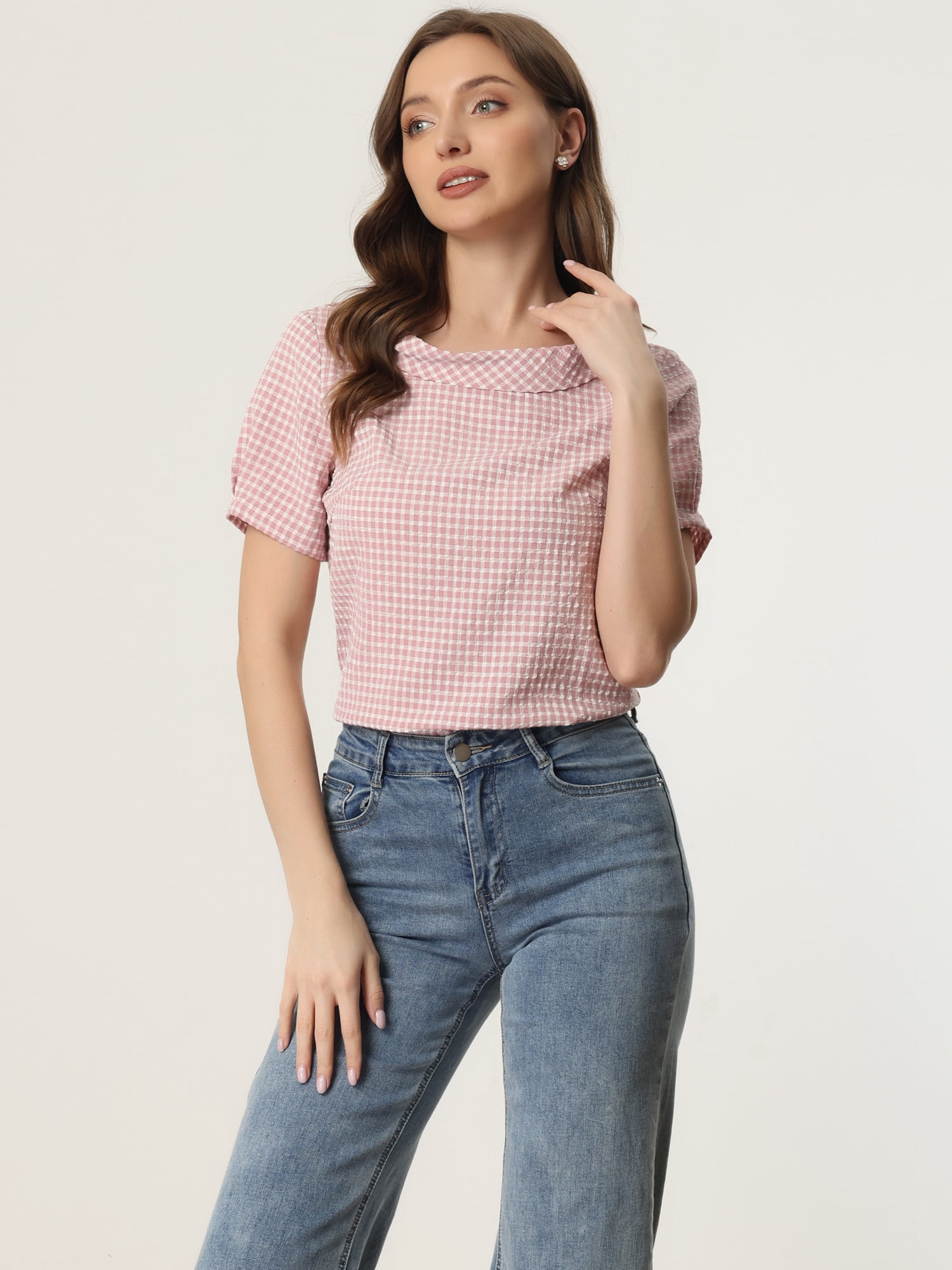 DARING DIVA Short Sleeve Casual Checked Top M Pink