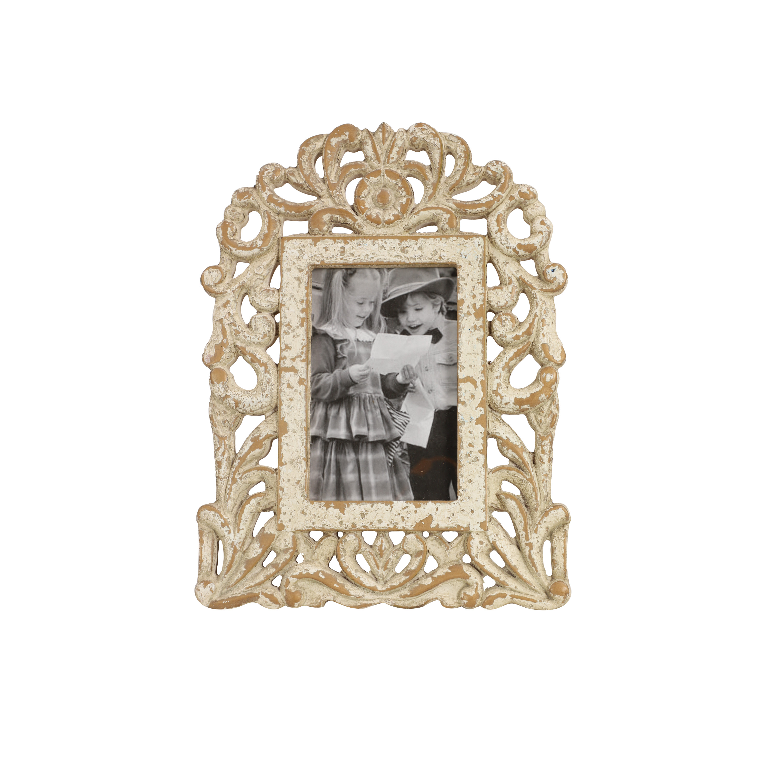 DecMode 4" x 6" Handmade Intricate Carved White Scroll Photo Frame