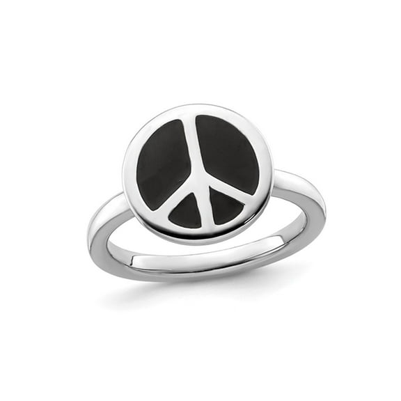 Gem & Harmony Black Enamel Peace Sign Ring in Sterling Silver for Women