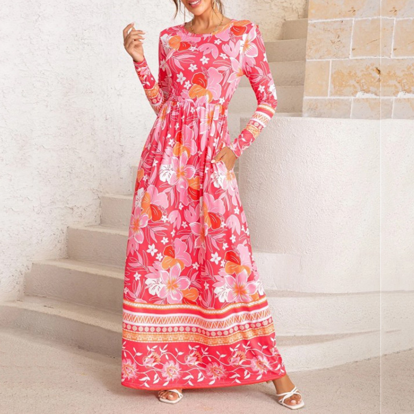 BEEYASO Clearance Summer Dresses for Women Printed V-Neck Maxi Ankle Length  Fashion 3/4 Sleeve Dress Pink L 