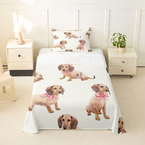 Homewish Cute Pink Bow Dachshund Twin Sheets,Cartoon Animals Bedding,Cream,3-Piece,1 Fitted Sheet and 1 Pillowcase