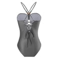 thumbnail image 3 of IBTOM CASTLE Women One Piece Swimsuit with Sarong Set Trendy Halter Lace up Swimwear Colorblock Coverup Bathing Suit L Gray, 3 of 5