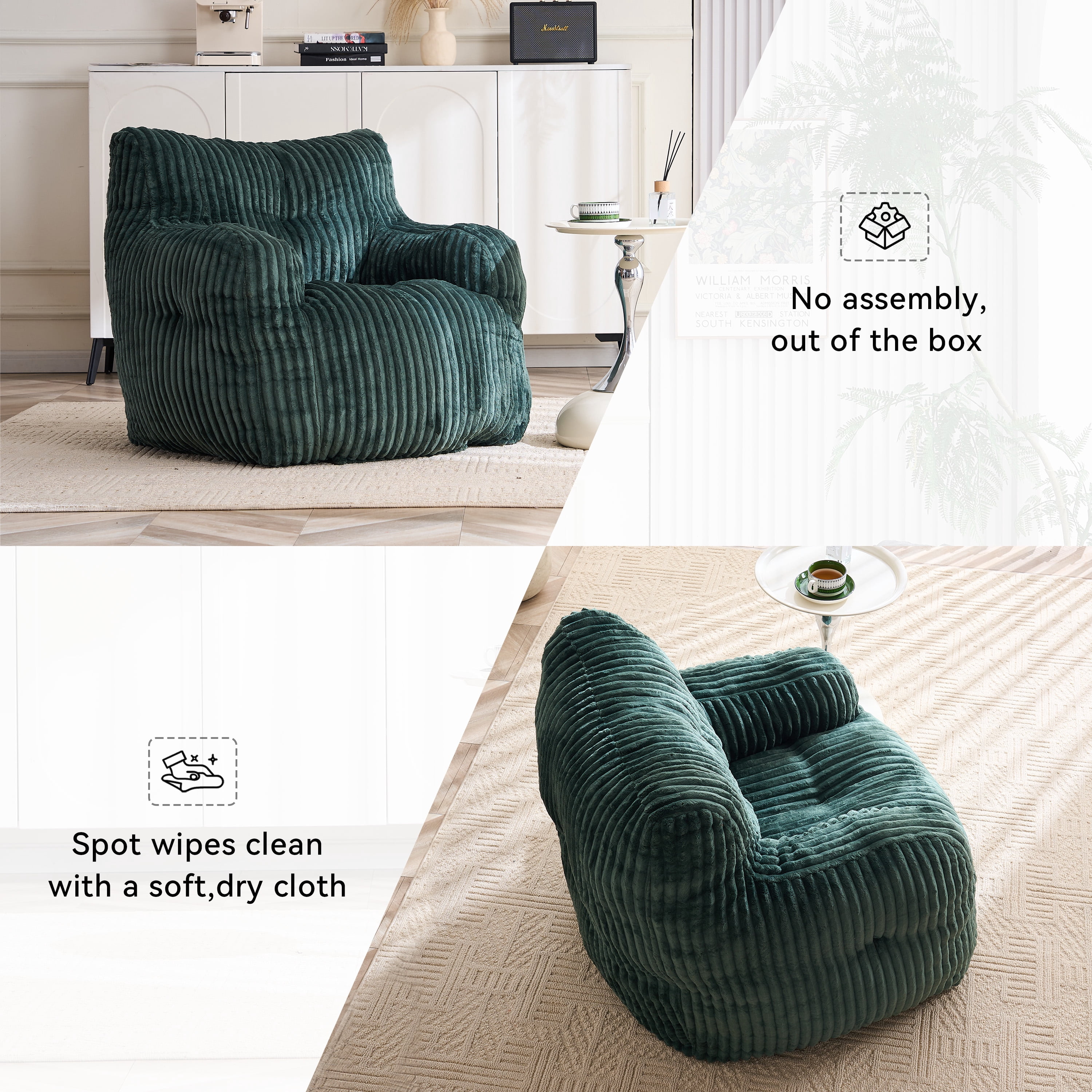 Soft Fluffy Corduroy Fabric Bean Bag Chair Filled With Memory Sponge,Green