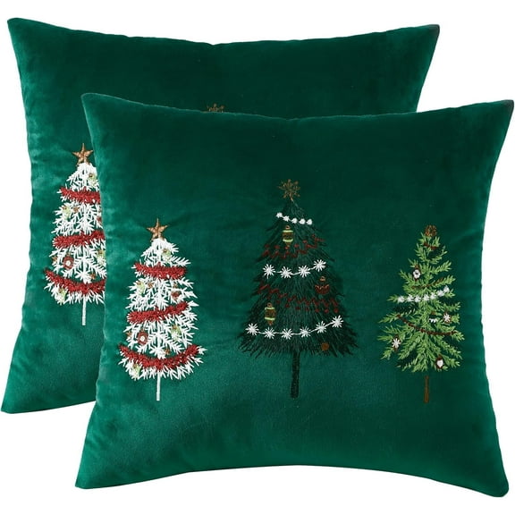 Tosleo Christmas Embroidery Throw Pillow Cover 18 x 18 inch Set of 2 Green Christmas Tree Velvet Pillow case Christmas Party Decorations Embroidery Pillowcase Winter Holiday Cushion Case