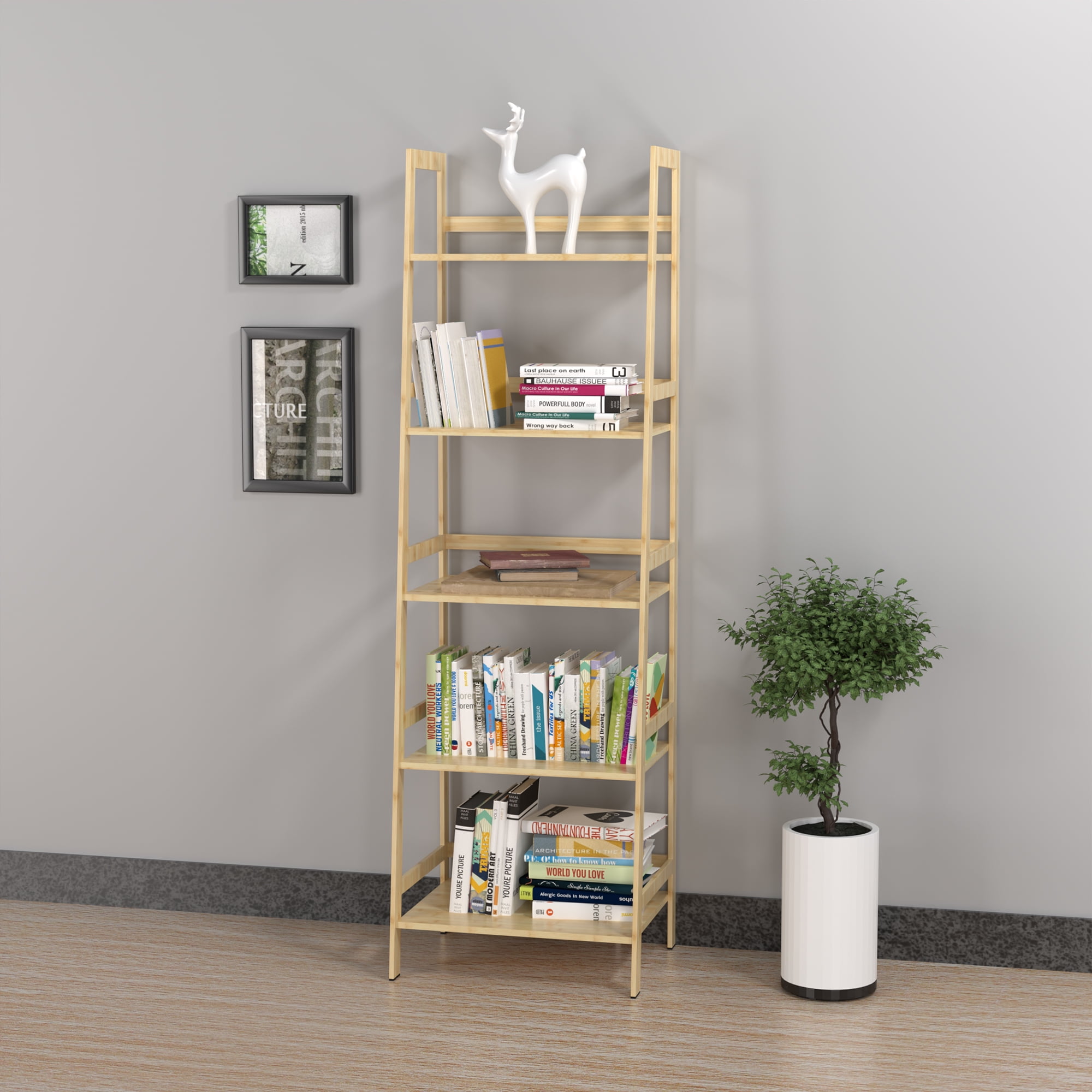 Kadyn 5-shelf Ladder Bookcase, Plant Flower Stand, Freestanding Bamboo Frame Storage Rack Shelf, Wood Color