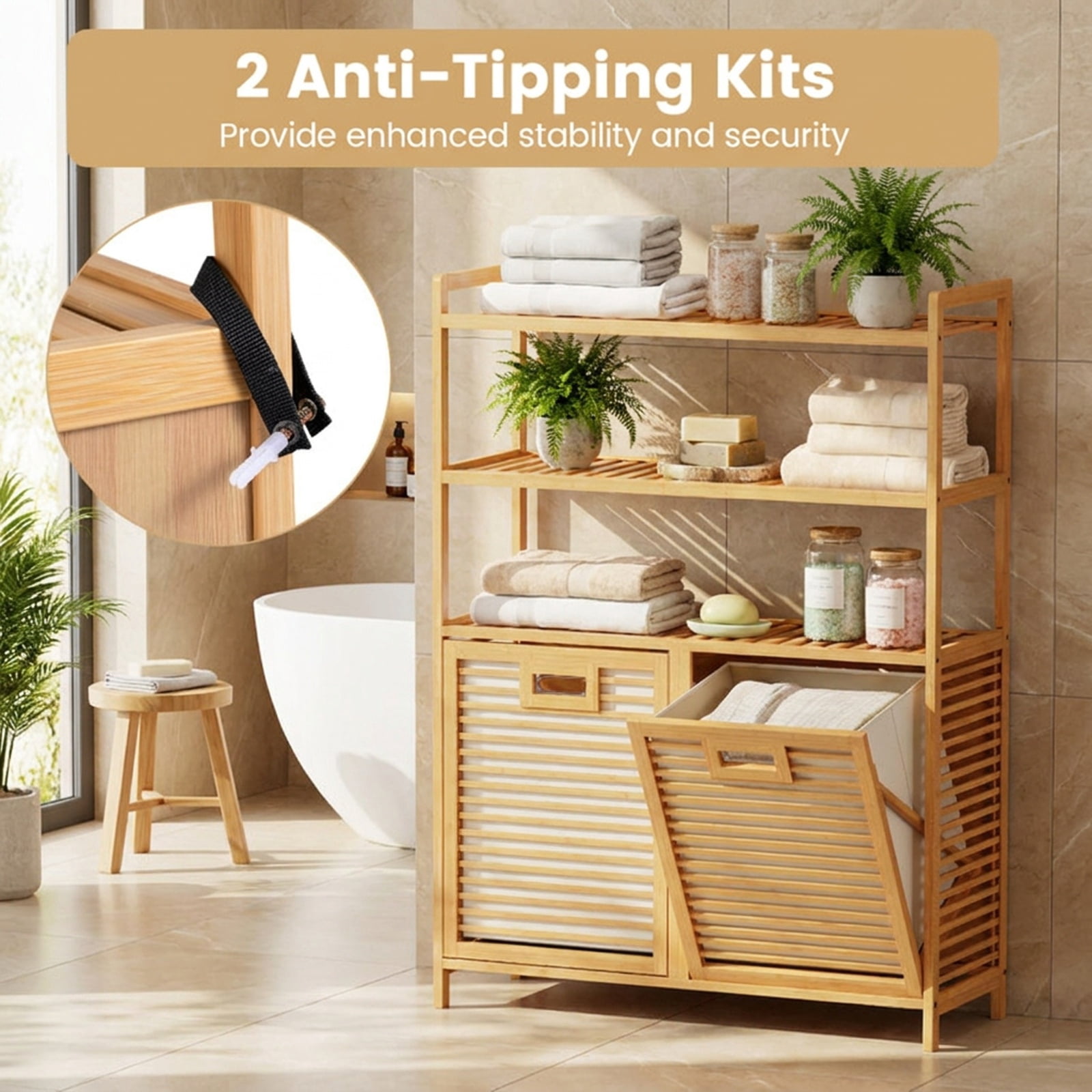 Vebreda Laundry Hamper with 2 Removable 7-Gallon Baskets, Double Tilt-Out Laundry Hamper Cabinet with 3 Open Shelves, Natural Bamboo