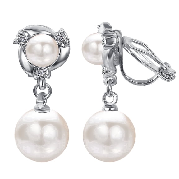 Yoursfs Silver Pearl Clip on Earrings for Women Platinum Plated Double Pearl Dangle Earrings Clip on Non Pierced Ears Jewelry Gifts