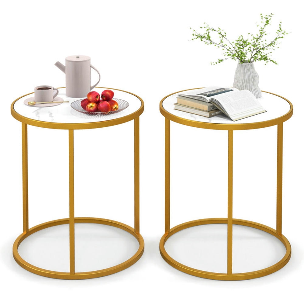 Finihen End Table, Round Marble End Table, 16 Inch Marble Top Round Side Table with Golden Metal Frame-Set of 2, Sofa Side Table, Bed Side Table, for Living Room, Bedroom, White Finihen End Table, Round Marble End Table, 16 Inch Marble Top Round Side Table with Golden Metal Frame-Set of 2, Sofa Side Table, Bed Side Table, for Living Room, Bedroom, White
