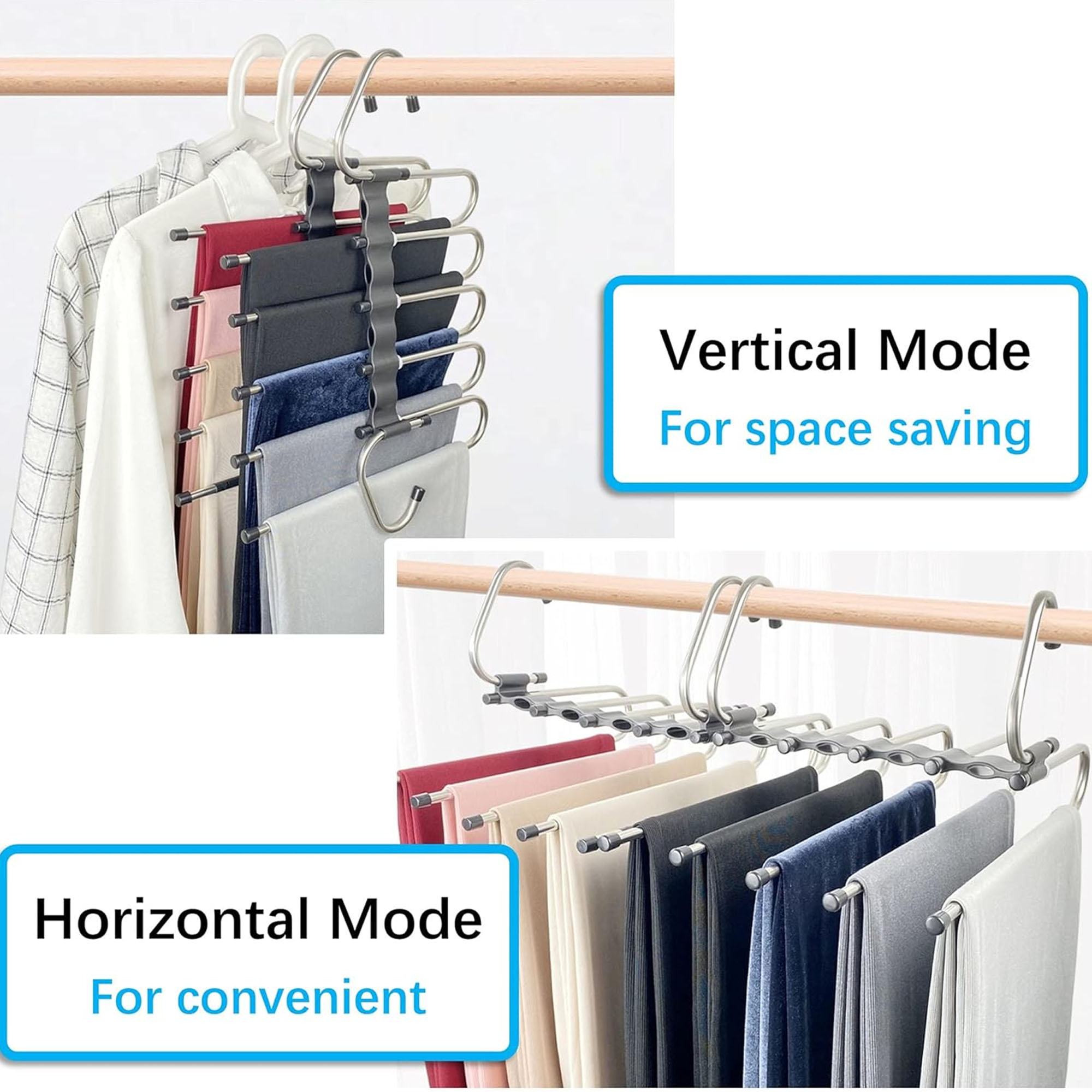 ofefe Space Saving Pants Hangers 2 Pack with 10 Metal Clips, Non-Slip Multi-Layer Hanger for Closet Organizer for Jeans Skirts Scarves Leggings Black