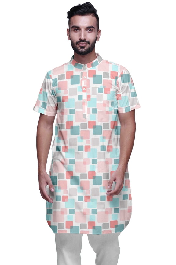 Mens Summer Kurta Shirt Printed Long Kurta Cotton Cambric Ethnic Shirt