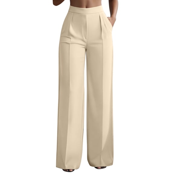 ctdiral Womens Elastic Waist Dress Pants High Waist Wide Leg Pants with Pockets Solid Color Straight Trousers Business Work Slacks Khaki XXL