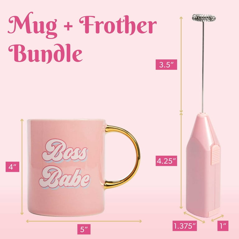 Paris Hilton Boss Babe 16oz Ceramic Coffee Mug and Electric Milk Frother Set - Battery Powered, 2-Pieces, Pink