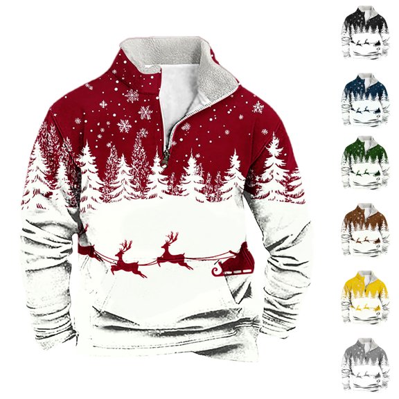 KeShDi Christmas Men Sweatshirts Men CMen Casual Fashion Stand Collar Printing Zipper Pullover Long Sleeve Sweatshirt Blouse Gray2X