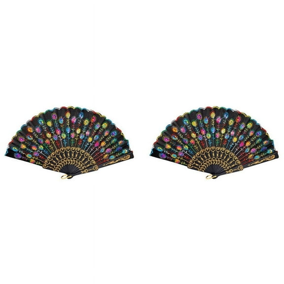 2X Colored Embroidered Flower Pattern Black Cloth Folding Hand Fan for Woman,2 x Folding Fan,As Shown