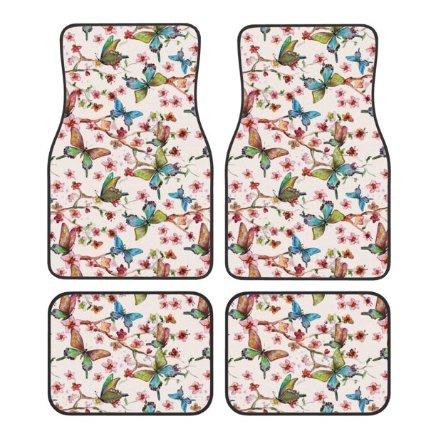 Balery Floral With Butterflies Juego de 4 Alfombrillas para Auto, Revestimientos de Caucho Resistente, Diseño Antideslizante