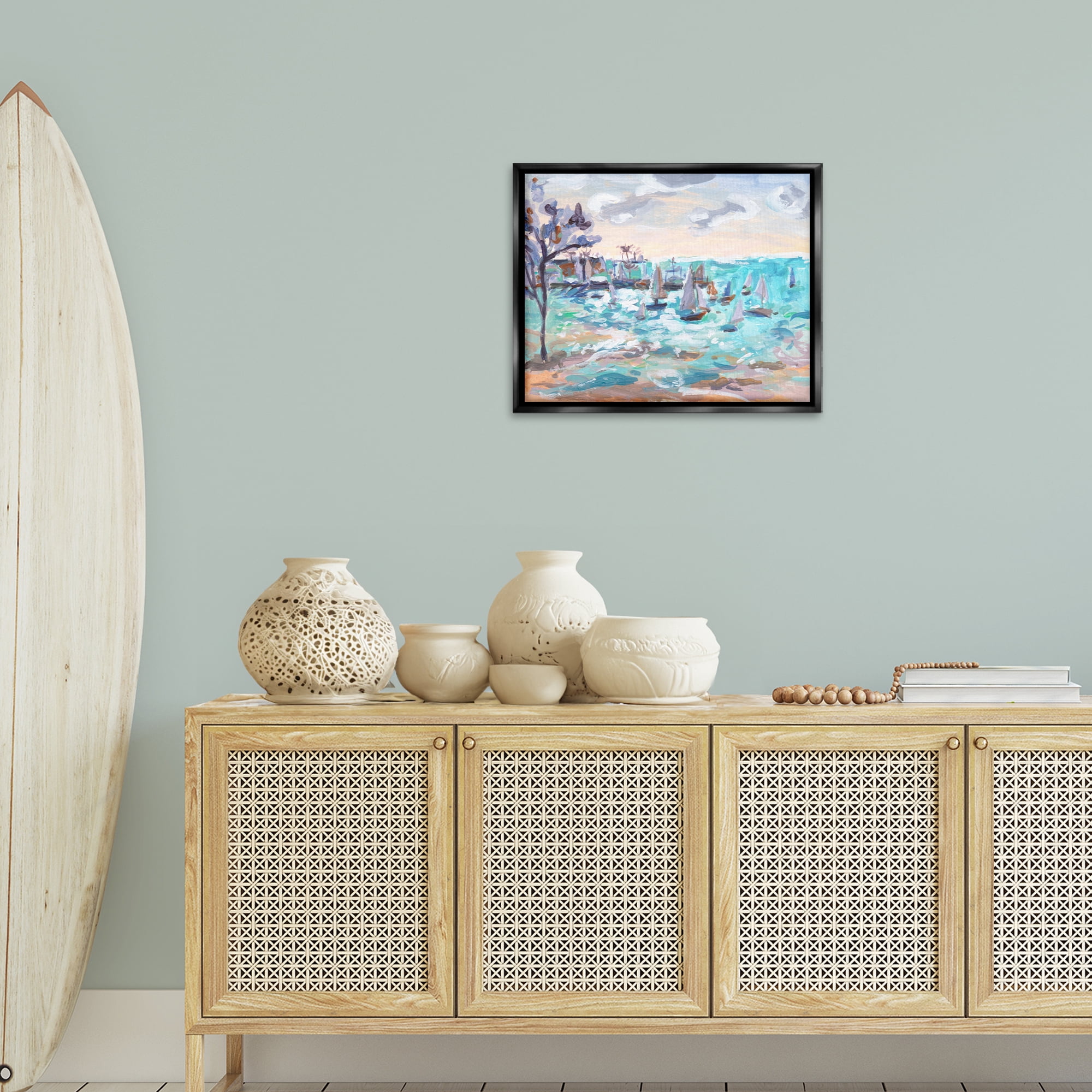 Stupell Industries Sailboat Fleet by Shore Nautical & Beach Painting Black Floater Framed Canvas Art Print Wall Art, 21 x 17