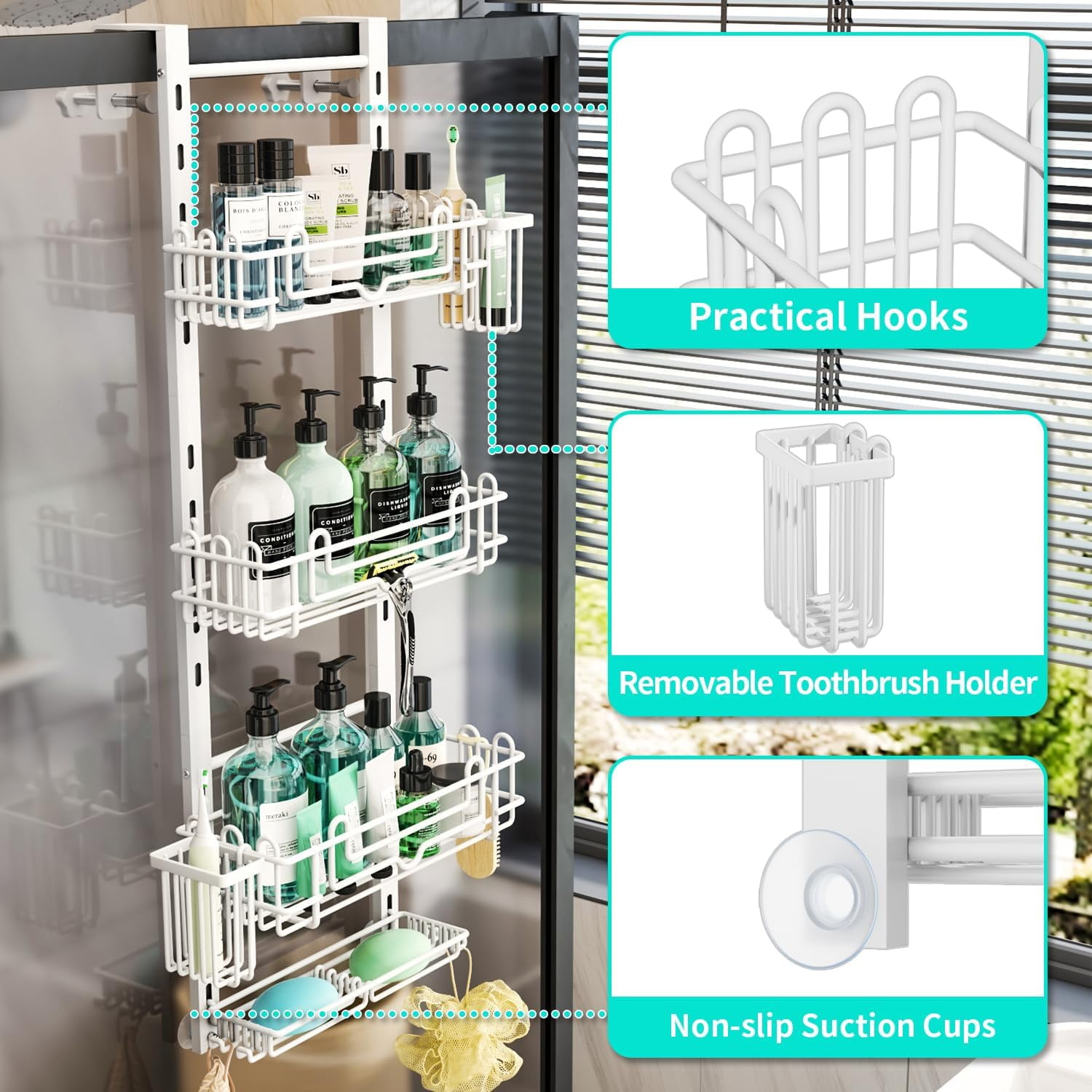 4 Tier Over the Door Shower Caddy, Hanging Shower Caddy with 22 Hooks and 2 Toothbrush Holders, No Drilling Adjustable Hanging Bathroom Organizer - White