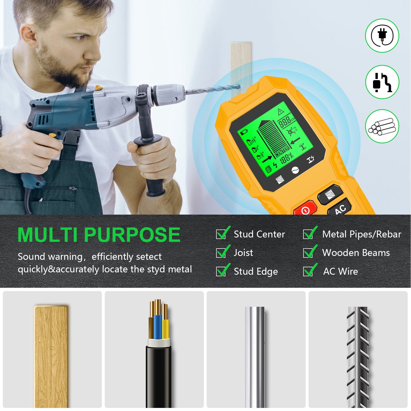 LAZIOEGR 5 in 1 Multifunction Electronic Stud Finder Wall Scanner Wood Metal AC Wire Detector Electrician Heavy Duty Sensor Tool with LCD Display Yellow