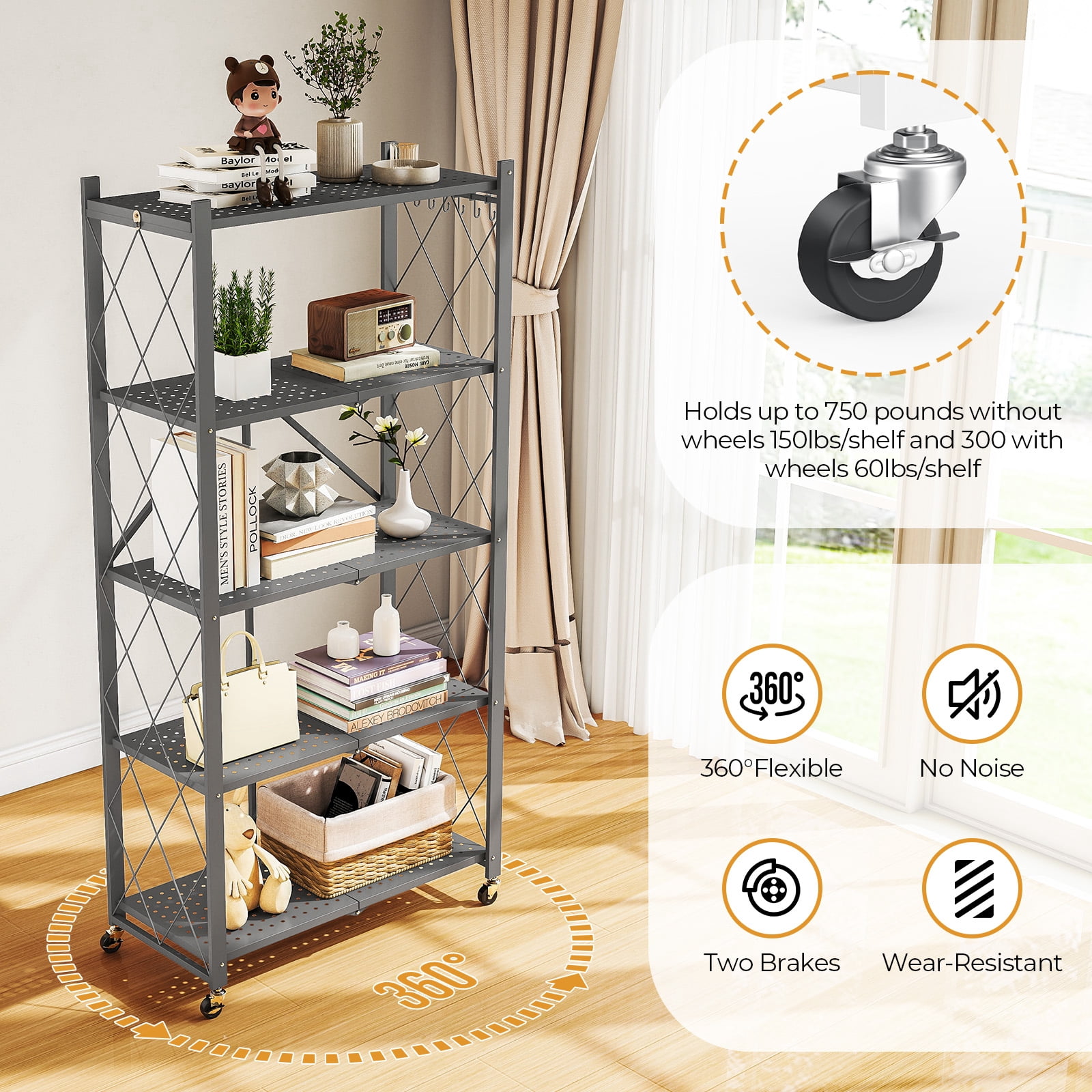 Vebreda 5-Tier Foldable Metal Storage Shelf with Wheels, No-Assembly Collapsible Shelving Unit, Heavy-Duty Rolling Organizer Rack for Kitchen, Garage, Pantry, and Office