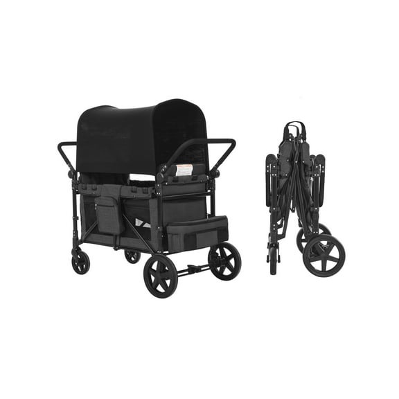 KFFKFF Four-Child Buggy, Adjustable Handle Quad Folding Carriage, Safety Straps & Detachable Shade, Quad Seating Buggy for Outdoor Activities, Charcoal Grey & Ebony (330LBS Capacity)