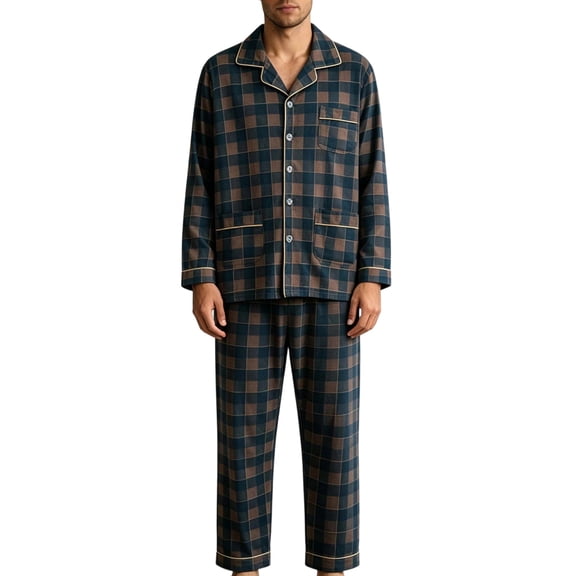 Fmbrln Men's Cotton Pajama Sets Plaid Print Button Down Long Sleeve Tops and Long Pants Set Fall Winter Fashion Comfy Sleepwear 2 Piece Sets Black L