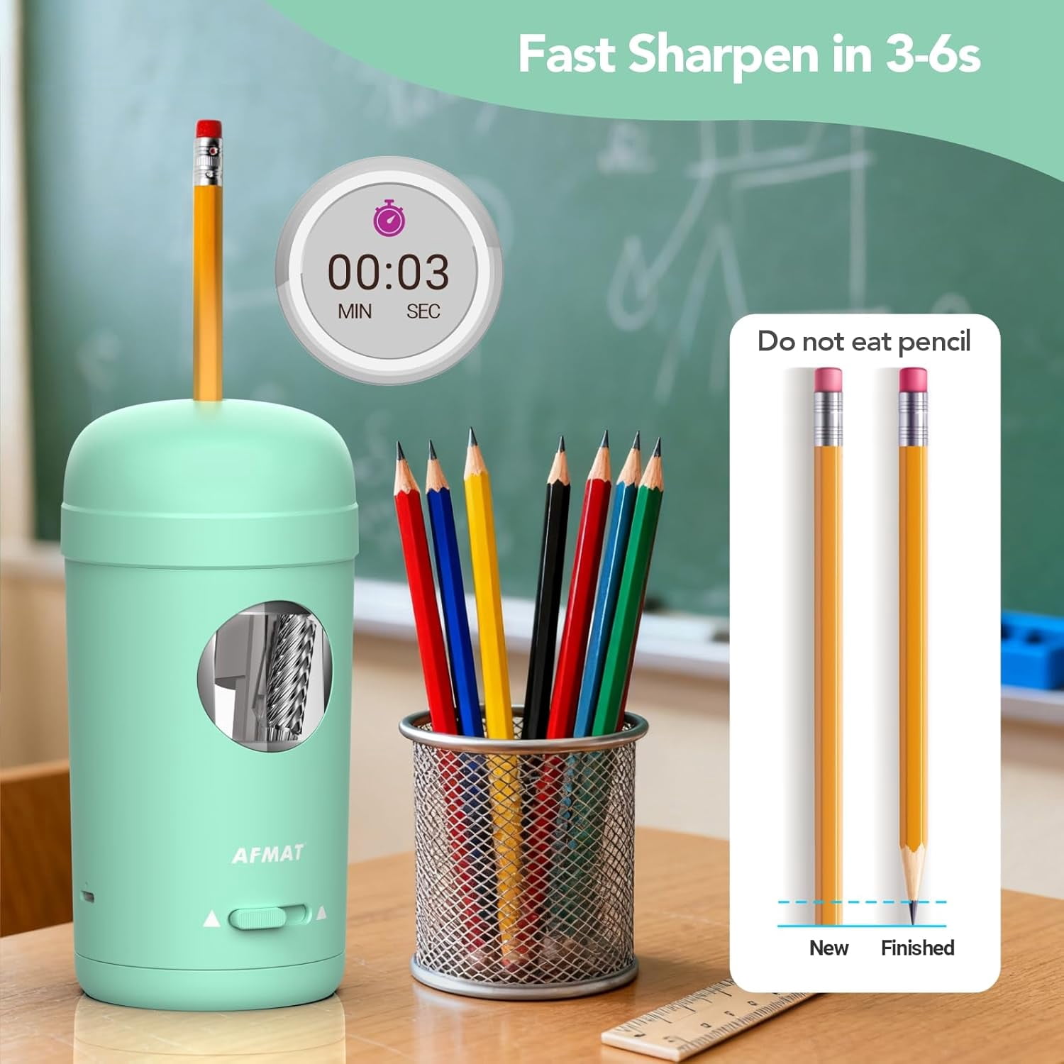 AFMAT Electric Pencil Sharpener, Fully Automatic Pencil Sharpener for 7-8mm Pencils & Colored Pencil, Auto in & Out, Rechargeable Vertical Hands-Free Sharpeners for Classroom/Home/Office,Green