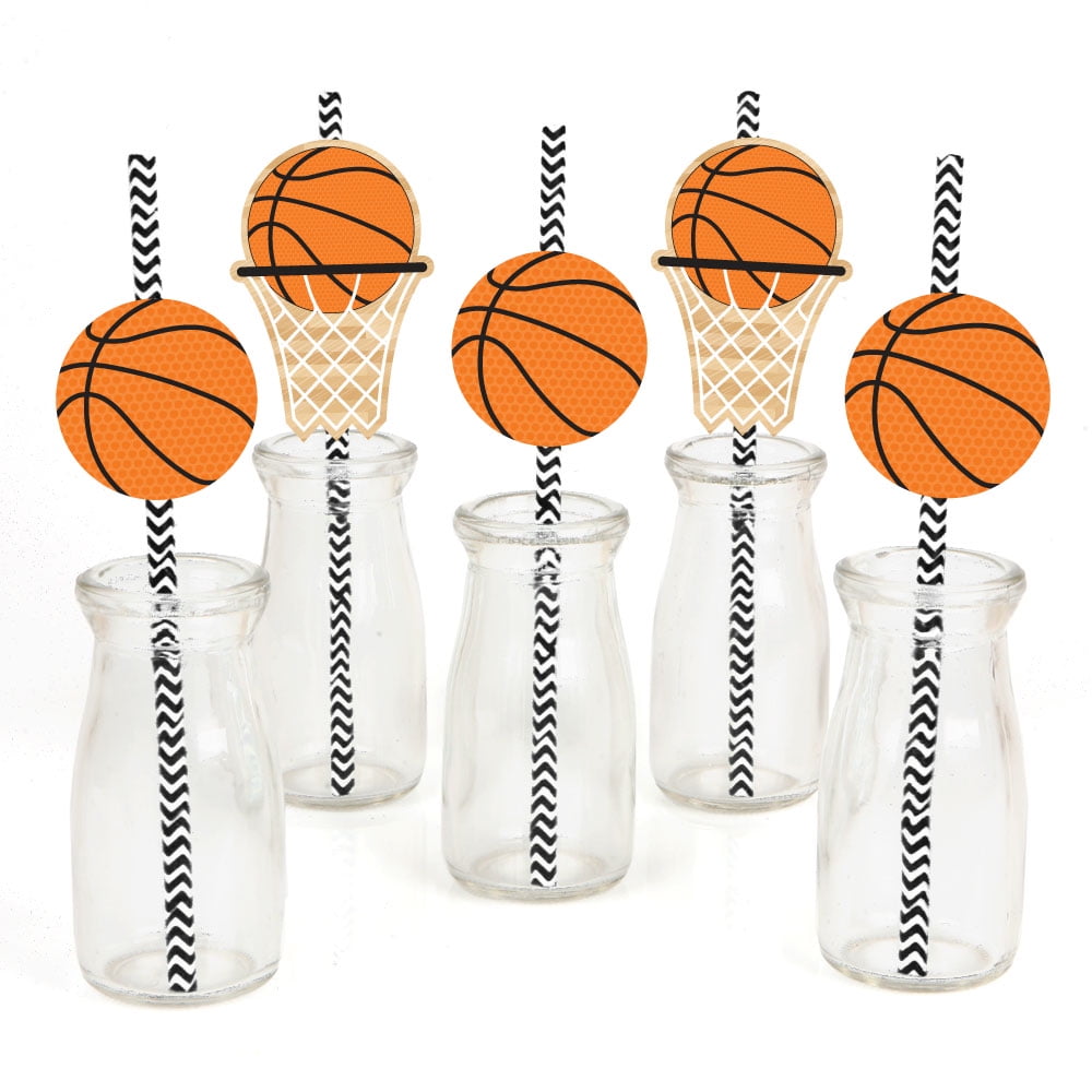 Nothin' But Net - Basketball Paper Straw Decor - Baby Shower or Birthday Party Striped Decorative Straws - Set of 24