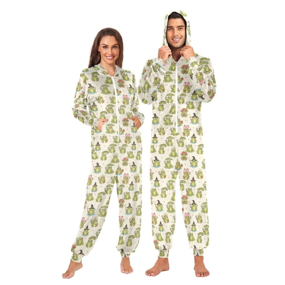 Adult Christmas Onesie Frogs Holiday Zipper One-Piece Pajamas Unisex with Pockets