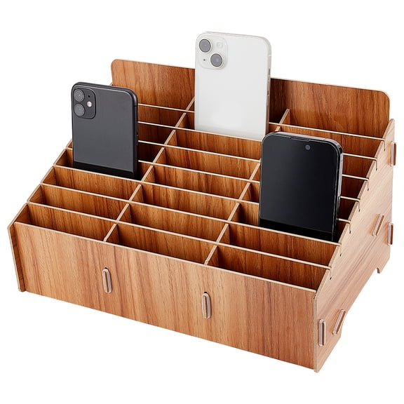 24-Grid Wooden Cell Phone Storage box Mobile Phone Holder Desktop Organizer Storage box for Classroom Office BurlyWood Finished Product: 320x200x180mm