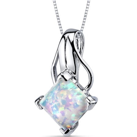 PEORA Created White Fire Opal Signature Solitaire Pendant Necklace for Women 925 Sterling Silver, 2 Carats Princess Cut 8mm with 18 inch Italian Chain