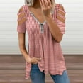 thumbnail image 2 of Red Gingham Check Womens Summer V Neck Zipper Top Short Sleeve T Shirt Off Shoulder Top Casual Classy Loose Shirts, 2 of 7