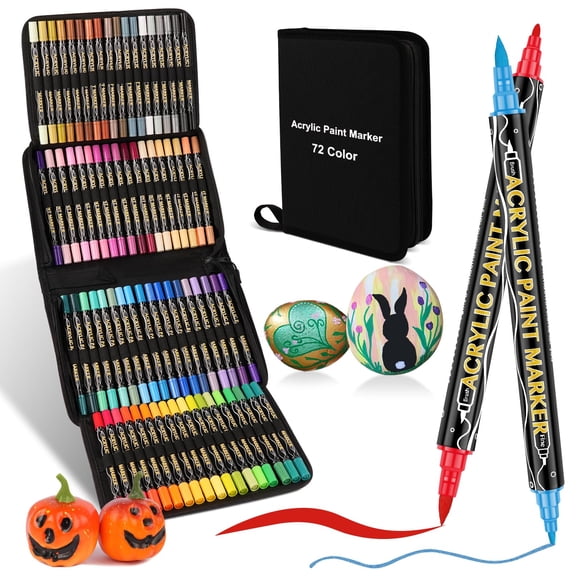 72 Colors Acrylic Paint Pens,Dual Tip Acrylic Paint Markers,Includes 12 Metallic Brush Tip Paint Markers For Rock Painting,Plastic,Canvas Easter Eggs