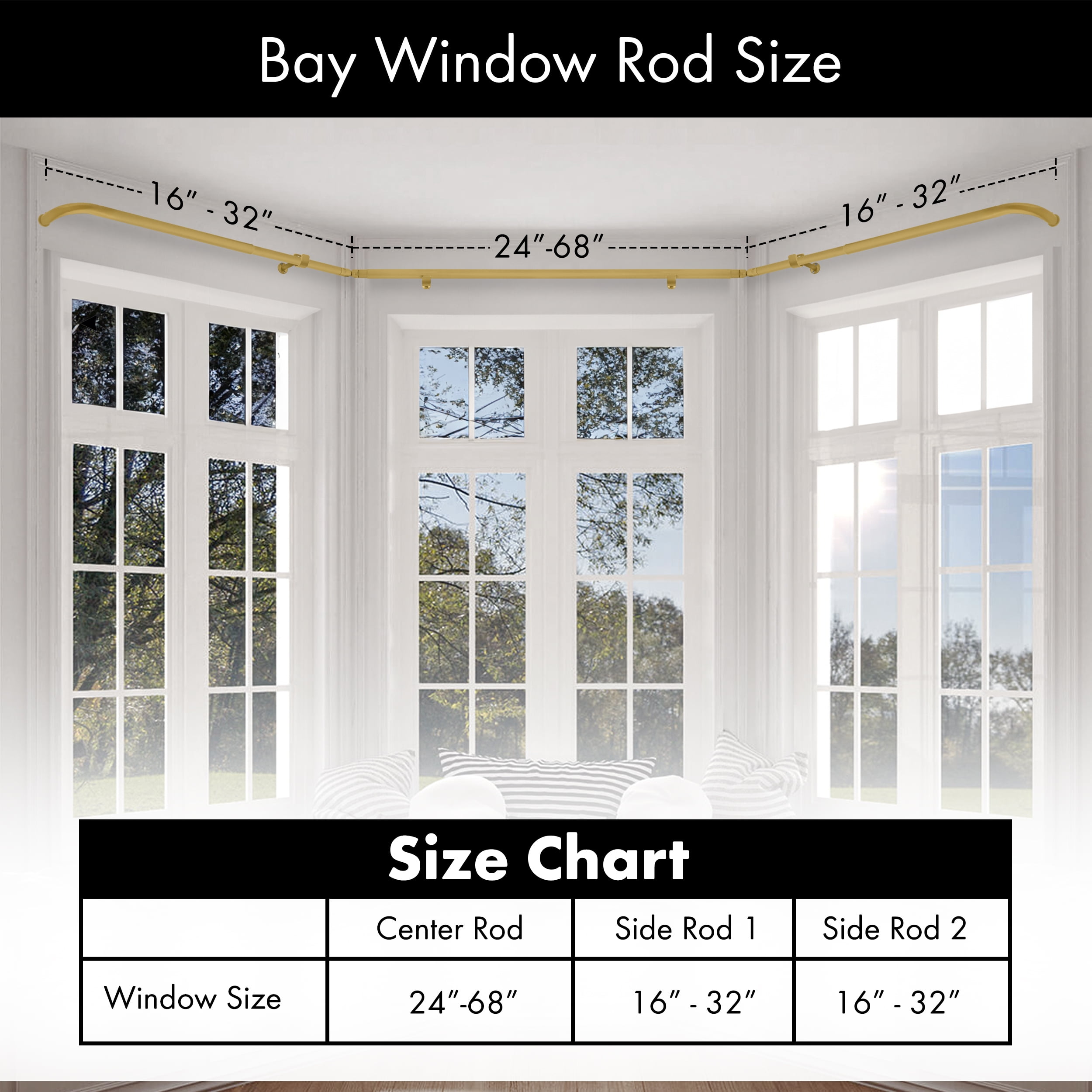 MERIVILLE 1" Bay Window Curtain Rod Set, Adjustable Side 20–37" and Center 38–72", Single Rod, Gold