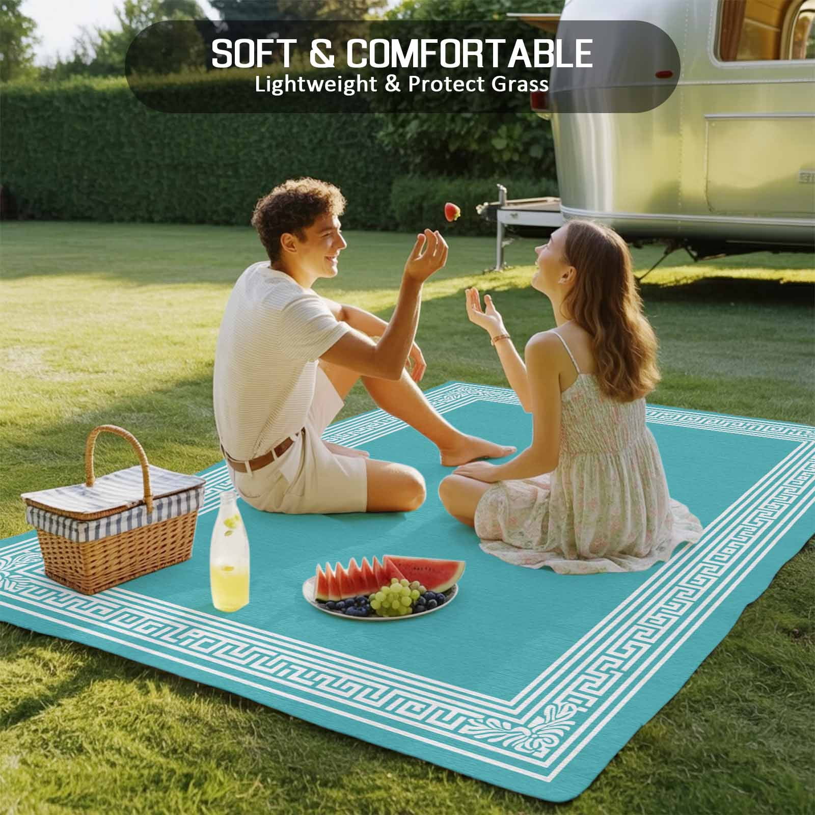 Turquoise Outdoor Rug 6x9 Ft - Reversible Patio Rug Outdoor Camping Rugs, Geometric Boho Ethnic Tile Chic Monochrome Washable Indoor Outdoor Area Rugs, Non-Slip Outdoor Carpet Runner for Deck/Porch