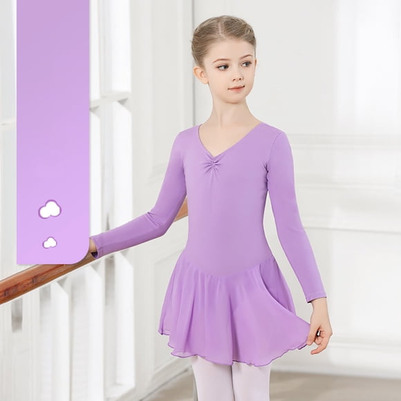 Robes de Filles Vêtements de Ballet Élégants Robe de Danse à Manches Longues avec Jupe en Chiffon pour Jeunes Danseurs Style Tutu Tenue de Ballet
