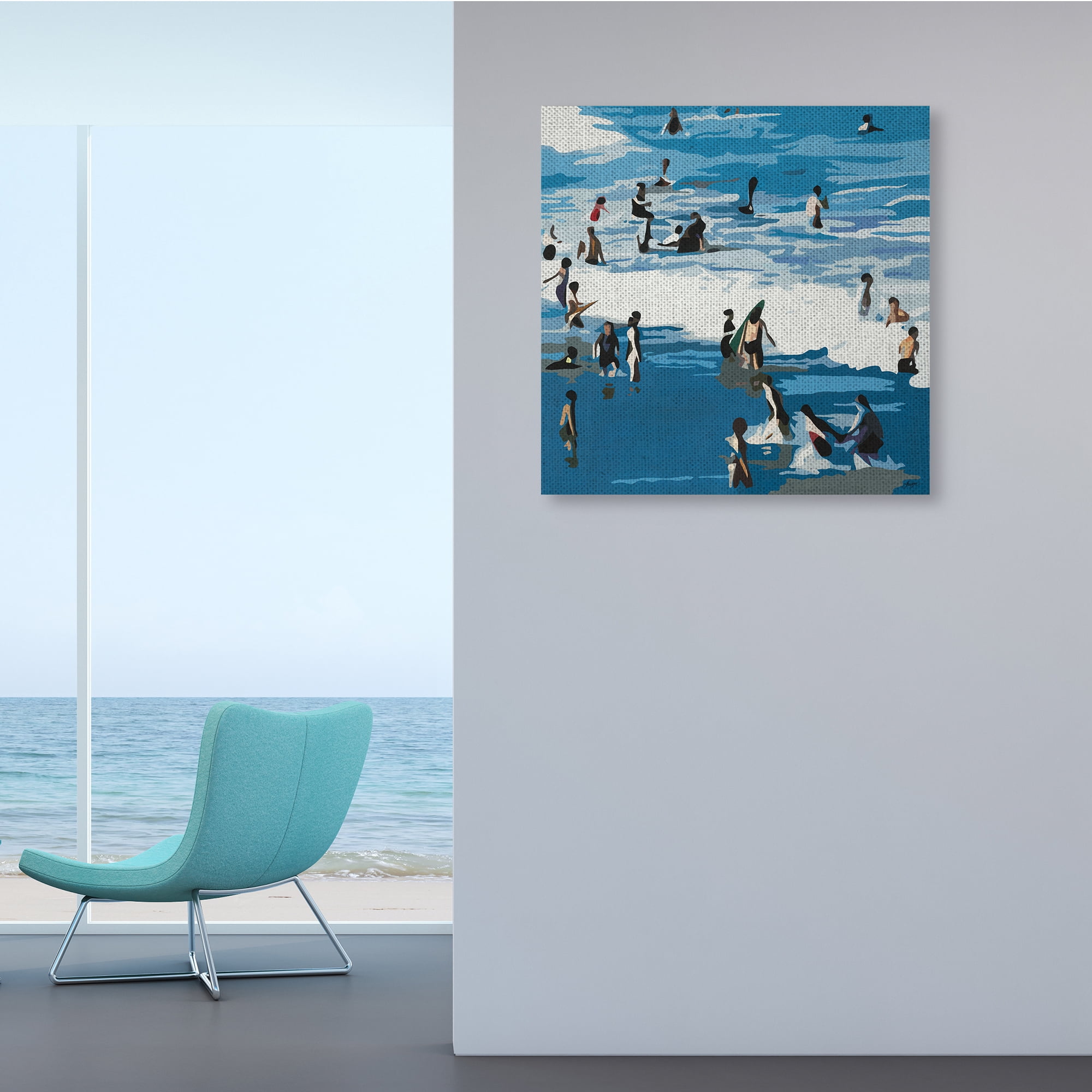 Stupell Industries People Enjoying Beach Blue Coastal Waves Crashing,30 x 30,Designed by Beth Ann Lawson